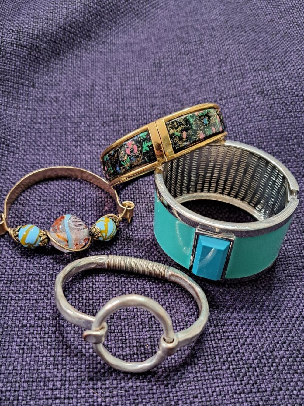 4 ASSORTED LADIES BRACELETS GLASS BEADS SPRING CUFF & SILVERTONE BANGLE
